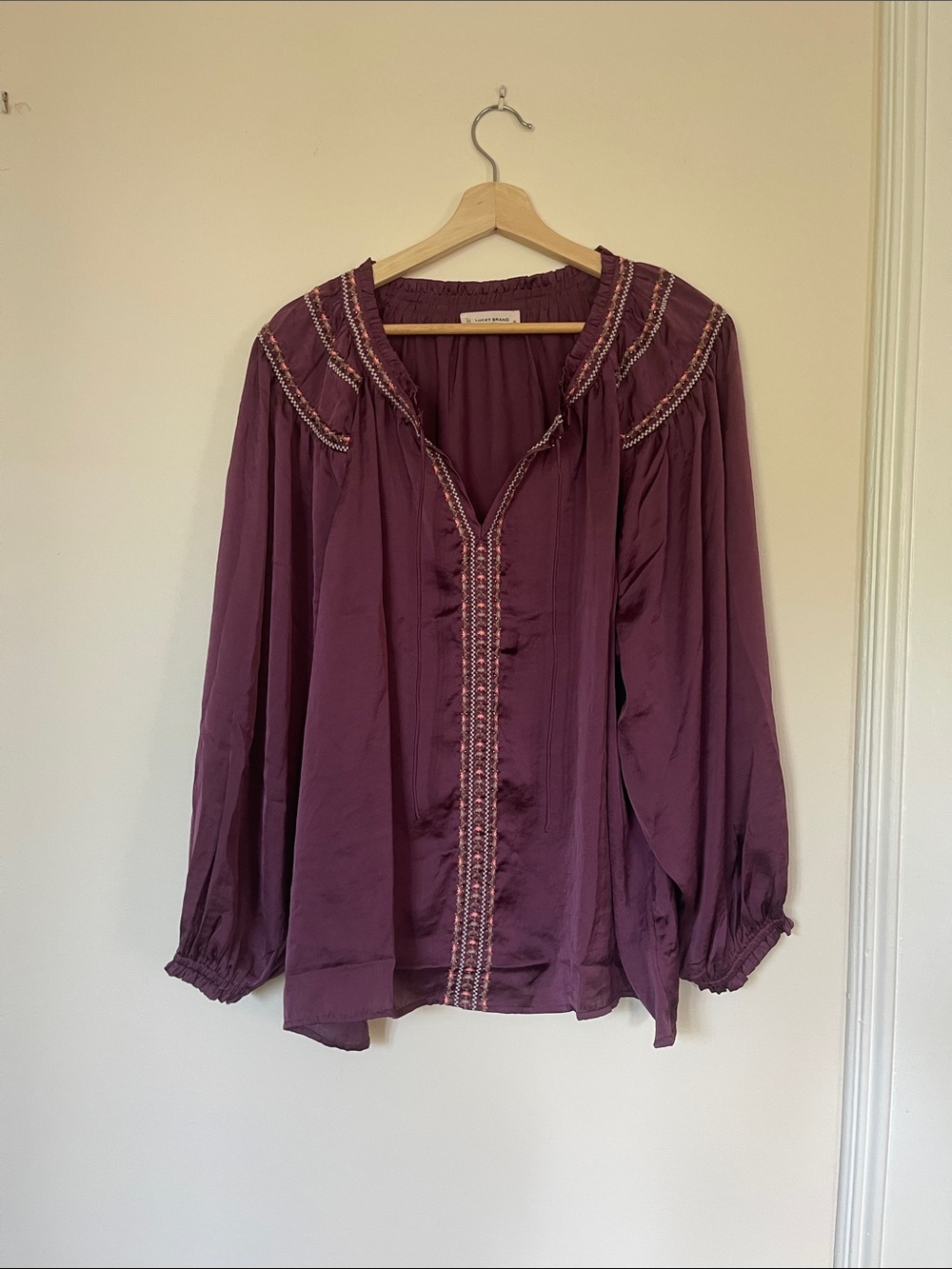 Lucky Brand Plum Embroidered V-Neck Long Sleeve Blouse